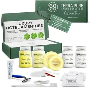 Terra Pure Green Tea Amenity & Accessory Kit | 1 oz Travel Size Shampoo, Conditi